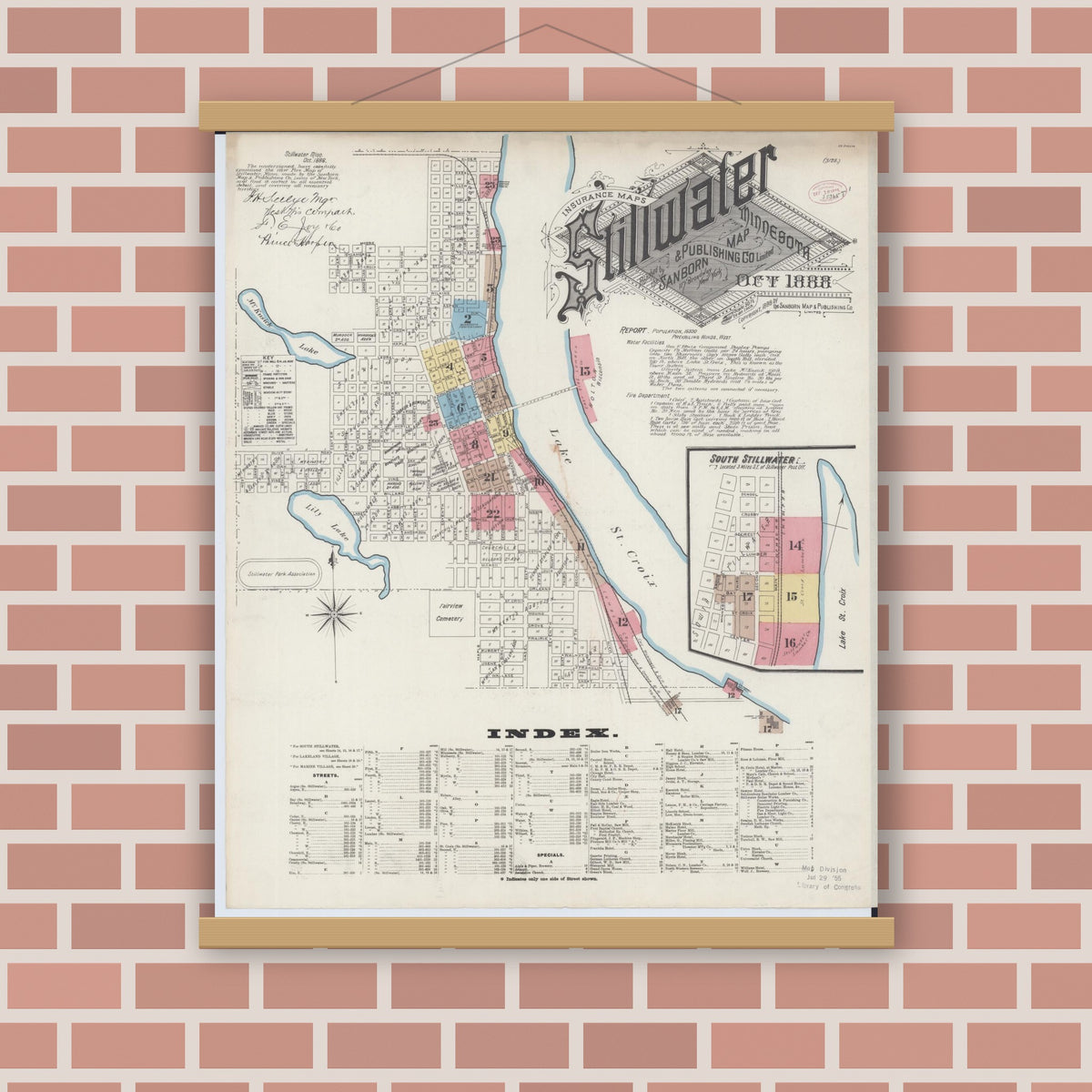 Old map wall art mockup — magnetic wood frame on brick wall — Sanborn Fire Insurance Map from Stillwater, Washington County, Minnesota (1888), Sheet #0001