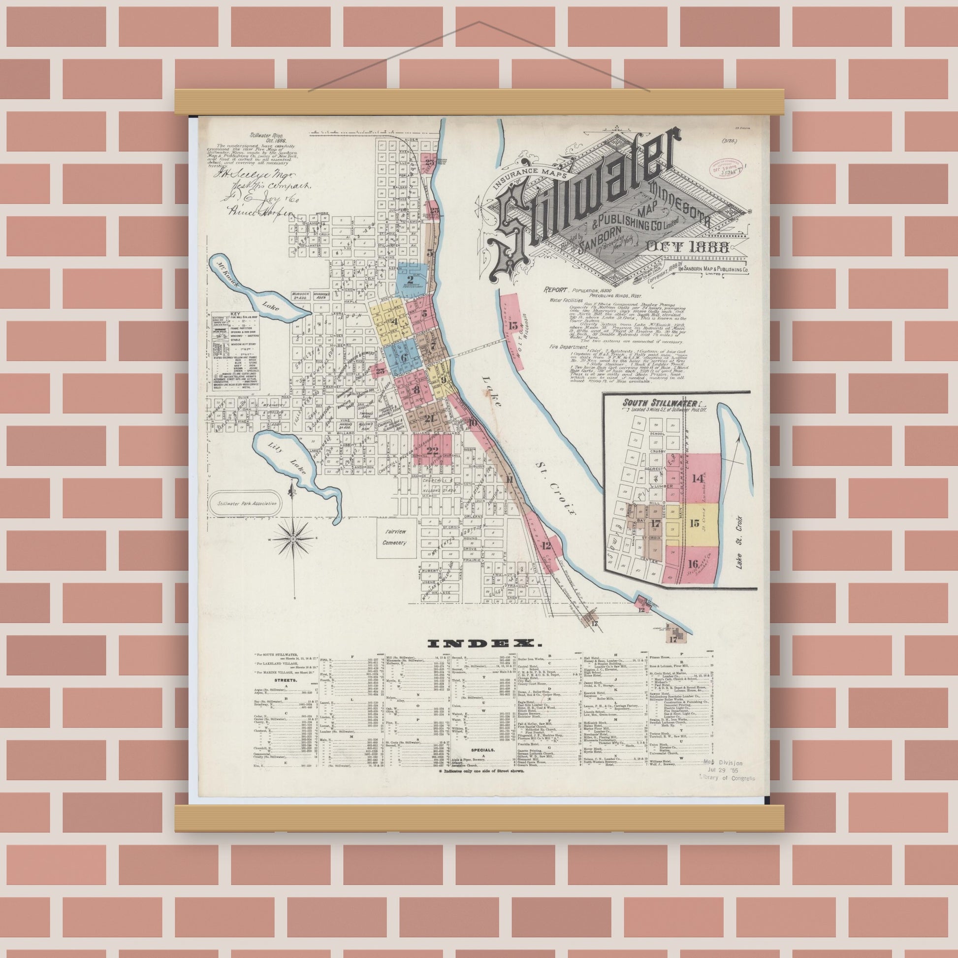 Old map wall art mockup — magnetic wood frame on brick wall — Sanborn Fire Insurance Map from Stillwater, Washington County, Minnesota (1888), Sheet #0001