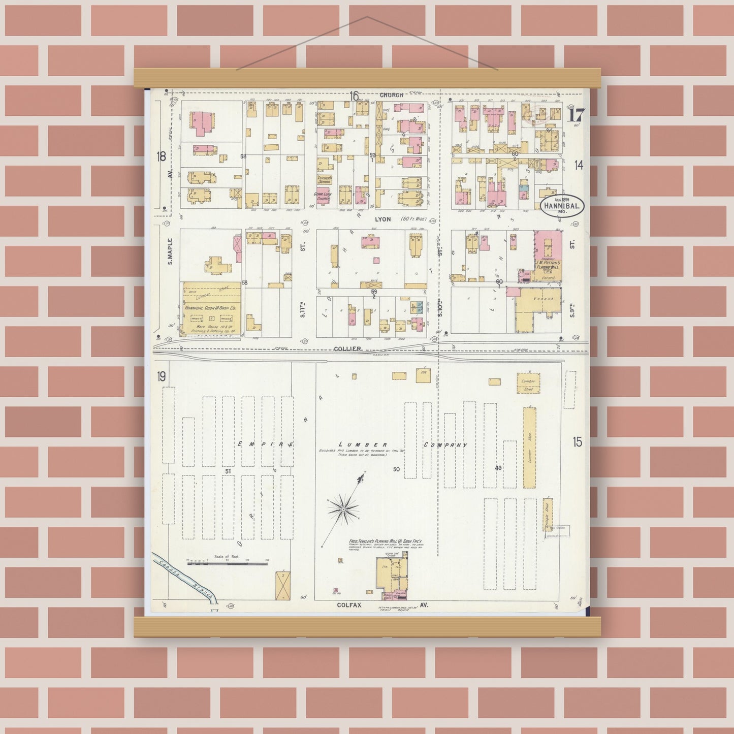 Old map wall art mockup — magnetic wood frame on brick wall — Sanborn Fire Insurance Map from Hannibal, Marion County, Missouri (1899), Sheet #0017