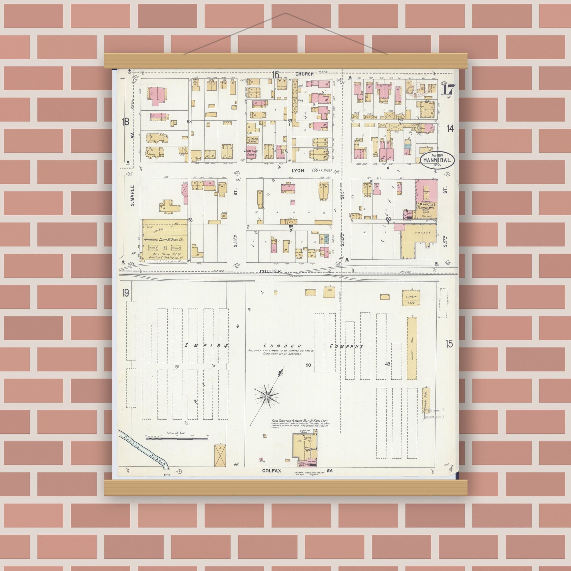 Old map wall art mockup — magnetic wood frame on brick wall — Sanborn Fire Insurance Map from Hannibal, Marion County, Missouri (1899), Sheet #0017