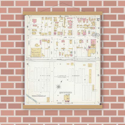 Old map wall art mockup — magnetic wood frame on brick wall — Sanborn Fire Insurance Map from Hannibal, Marion County, Missouri (1899), Sheet #0017