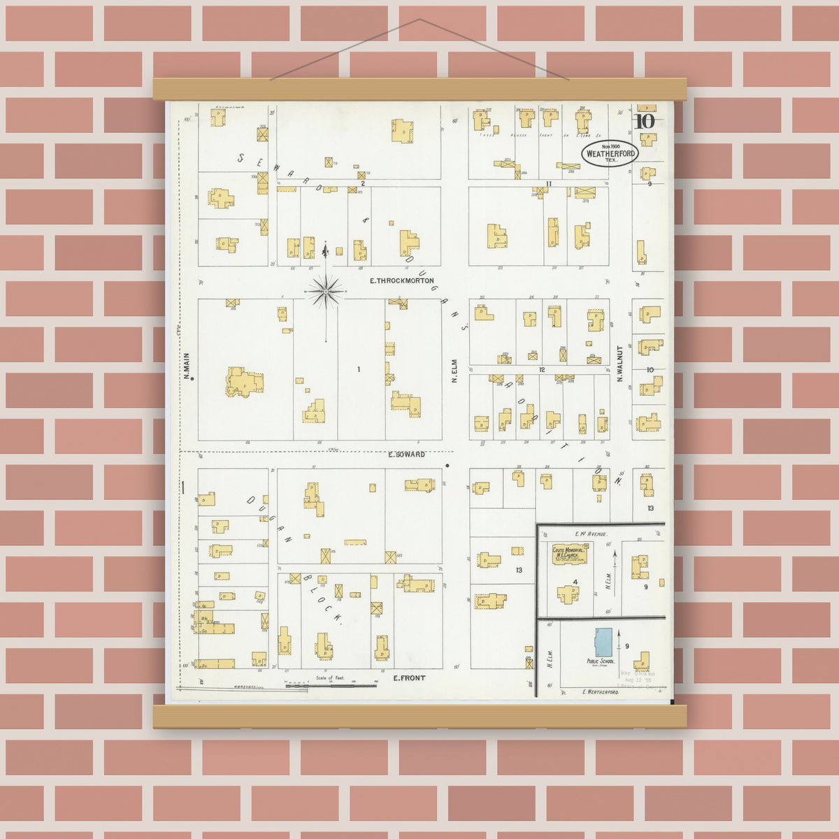 Old map wall art mockup — magnetic wood frame on brick wall — Sanborn Fire Insurance Map from Weatherford, Parker County, Texas (1900), Sheet #0010