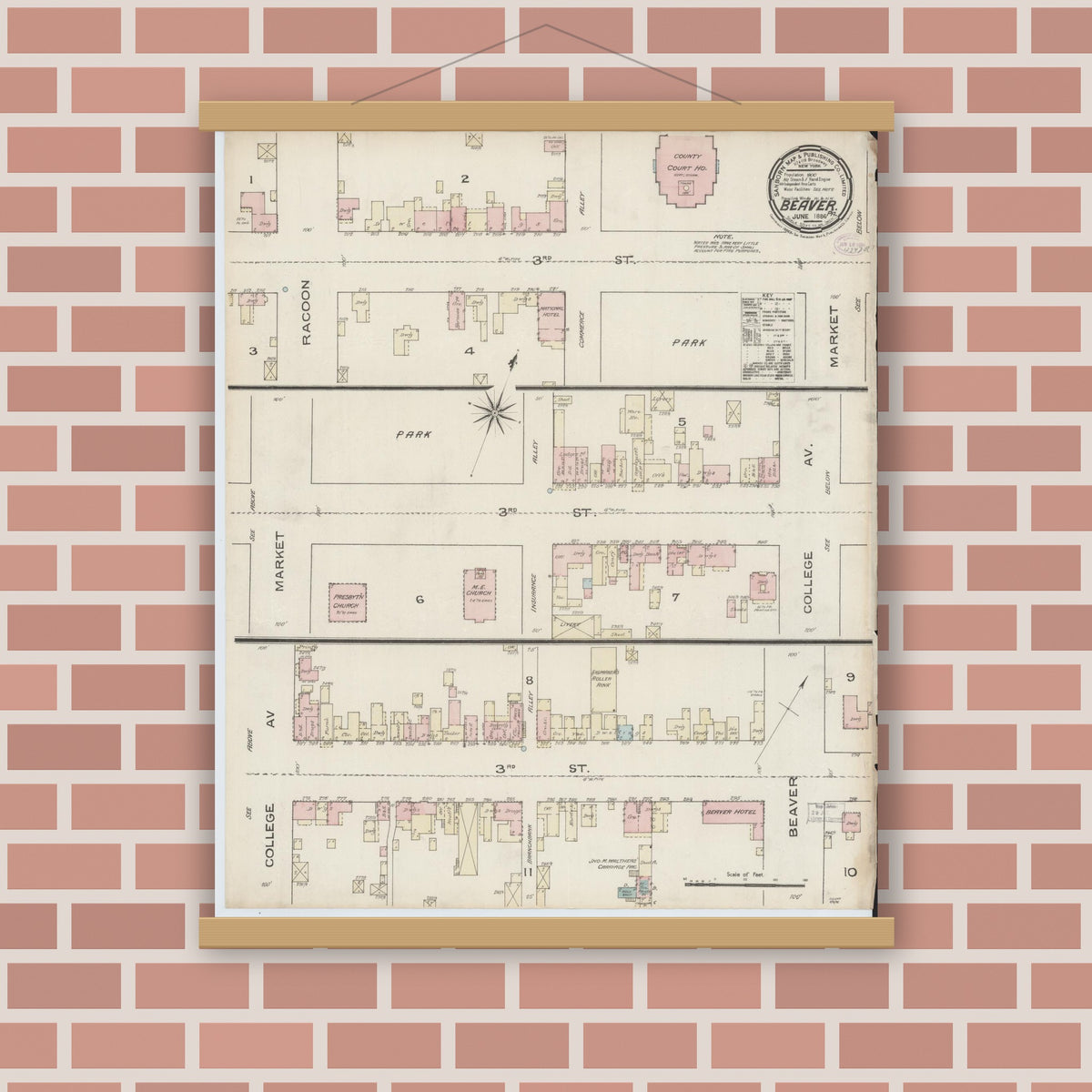 Old map wall art mockup — magnetic wood frame on brick wall — Sanborn Fire Insurance Map from Beaver, Beaver County, Pennsylvania (1886), Sheet #0001