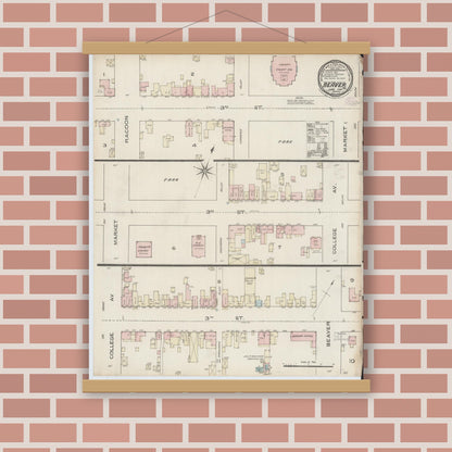 Old map wall art mockup — magnetic wood frame on brick wall — Sanborn Fire Insurance Map from Beaver, Beaver County, Pennsylvania (1886), Sheet #0001