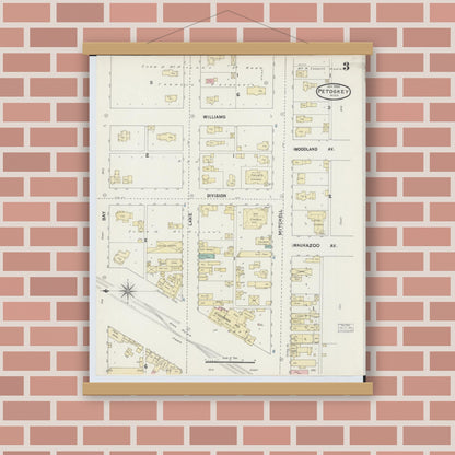 Old map wall art mockup — magnetic wood frame on brick wall — Sanborn Fire Insurance Map from Petoskey, Emmet County, Michigan (1890), Sheet #0003