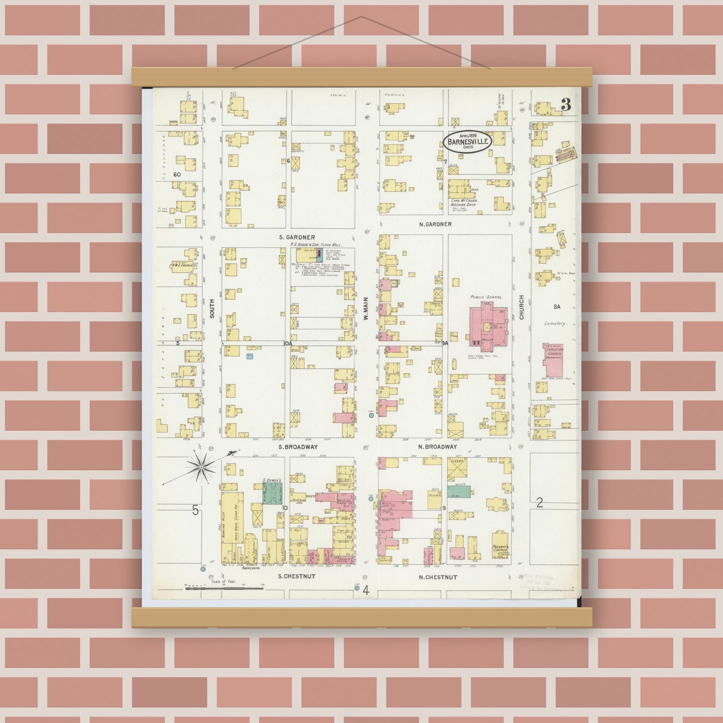 Old map wall art mockup — magnetic wood frame on brick wall — Sanborn Fire Insurance Map from Barnesville, Belmont County, Ohio (1899), Sheet #0003