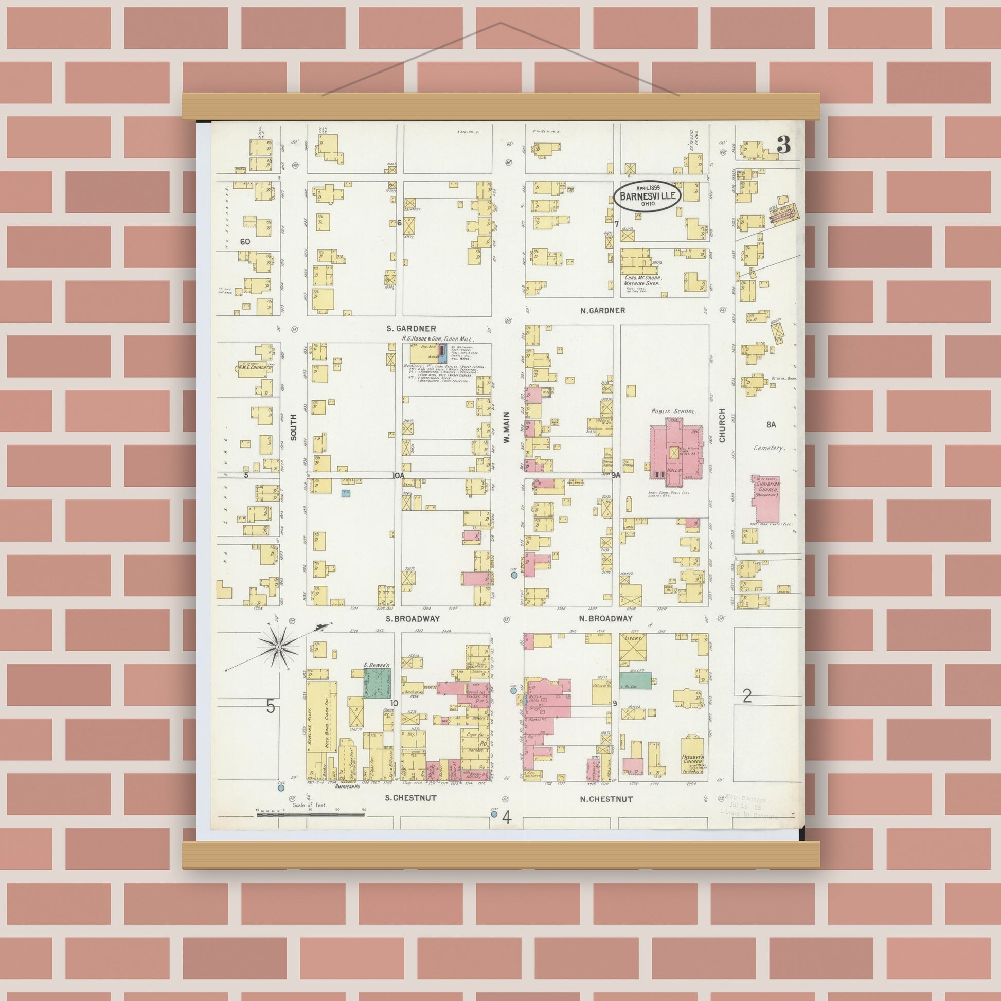 Old map wall art mockup — magnetic wood frame on brick wall — Sanborn Fire Insurance Map from Barnesville, Belmont County, Ohio (1899), Sheet #0003