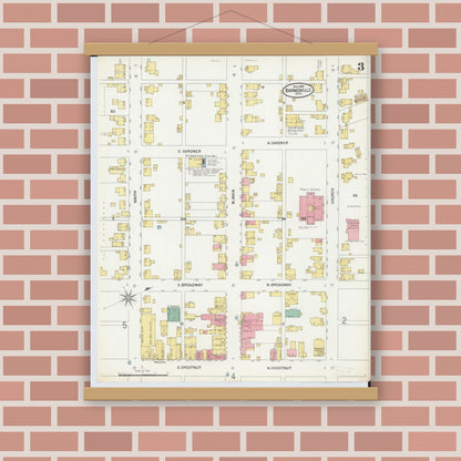 Old map wall art mockup — magnetic wood frame on brick wall — Sanborn Fire Insurance Map from Barnesville, Belmont County, Ohio (1899), Sheet #0003