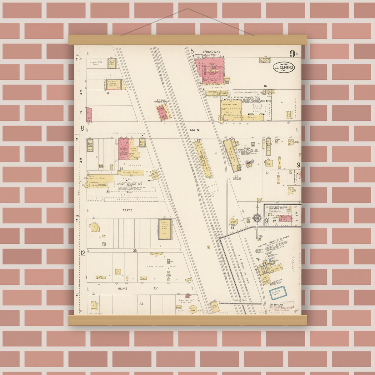 Old map wall art mockup — magnetic wood frame on brick wall — Sanborn Fire Insurance Map from El Centro, Imperial County, California (1914), Sheet #0009