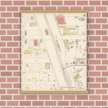 Old map wall art mockup — magnetic wood frame on brick wall — Sanborn Fire Insurance Map from El Centro, Imperial County, California (1914), Sheet #0009