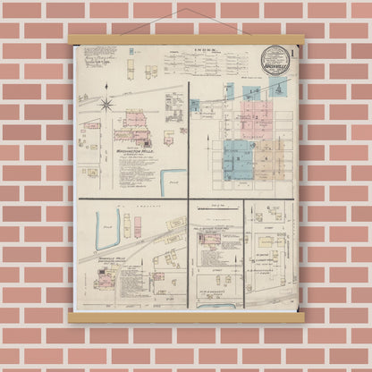 Old map wall art mockup — magnetic wood frame on brick wall — Sanborn Fire Insurance Map from Nashville, Washington County, Illinois (1886) - Complete Map Set
