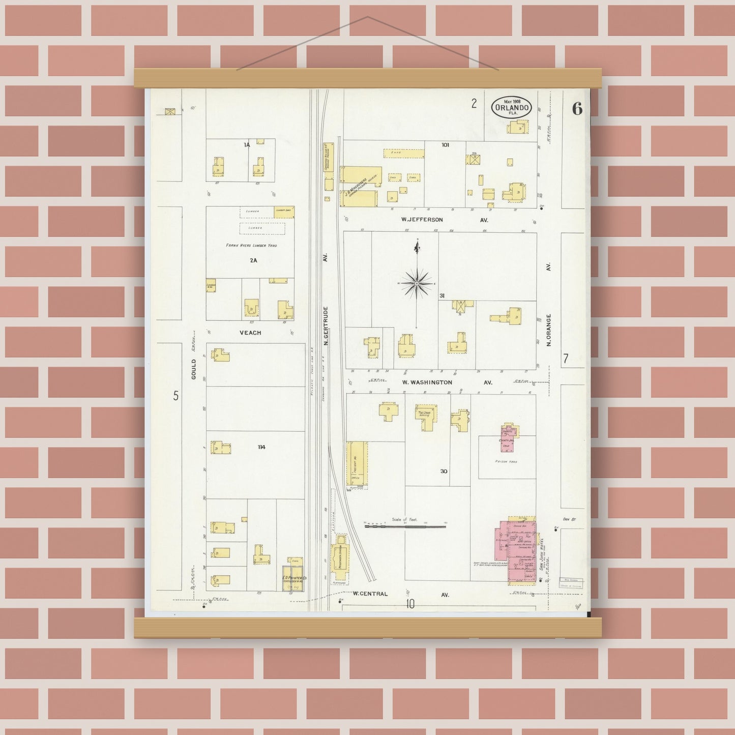 Old map wall art mockup — magnetic wood frame on brick wall — Sanborn Fire Insurance Map from Orlando, Orange County, Florida (1908), Sheet #0006