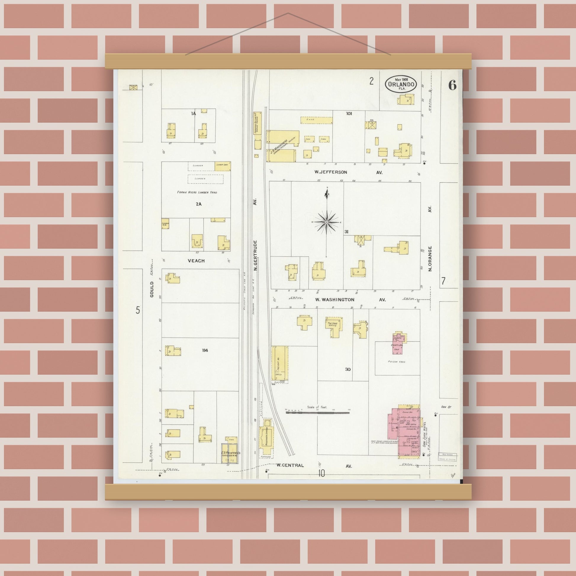 Old map wall art mockup — magnetic wood frame on brick wall — Sanborn Fire Insurance Map from Orlando, Orange County, Florida (1908), Sheet #0006