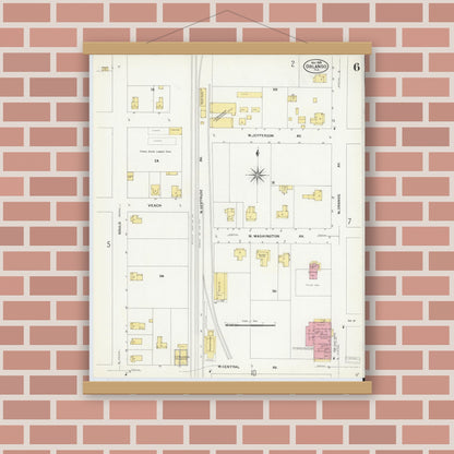 Old map wall art mockup — magnetic wood frame on brick wall — Sanborn Fire Insurance Map from Orlando, Orange County, Florida (1908), Sheet #0006