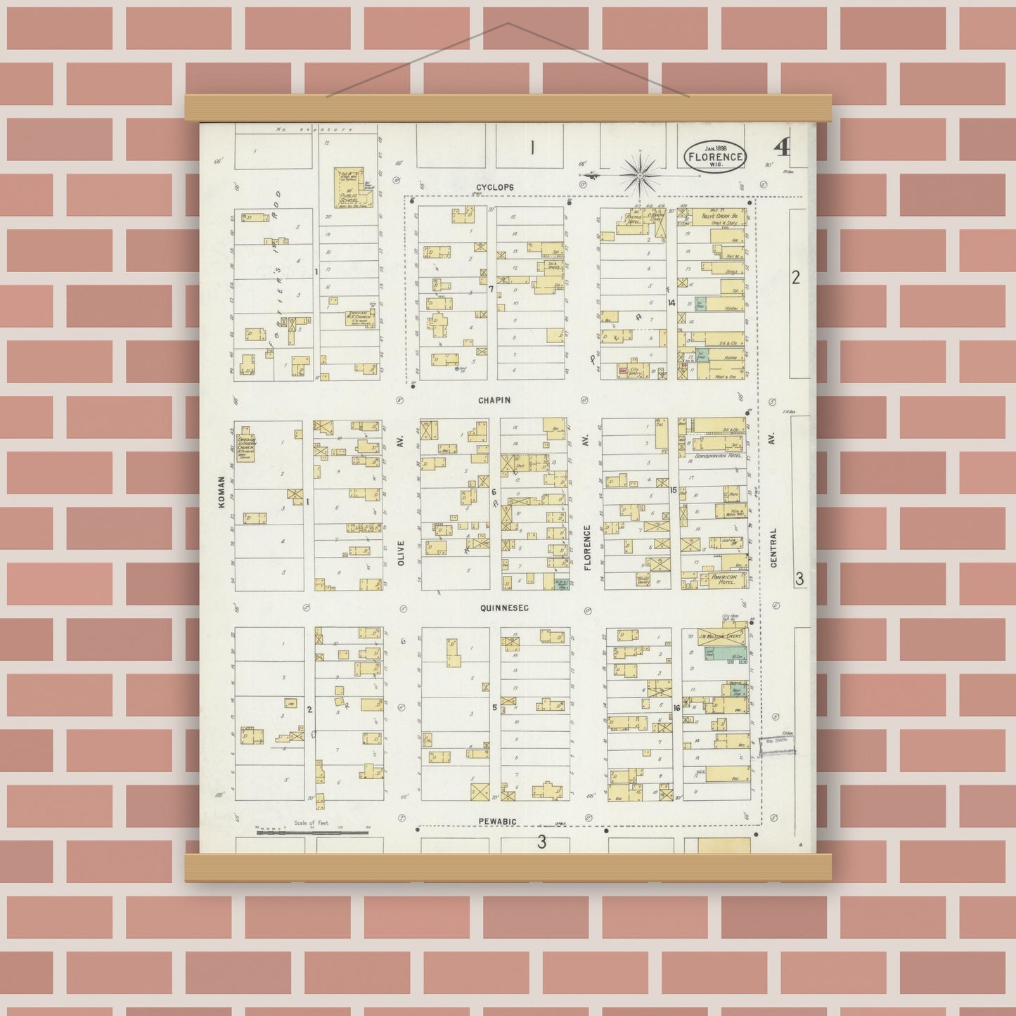 Old map wall art mockup — magnetic wood frame on brick wall — Sanborn Fire Insurance Map from Florence, Florence County, Wisconsin (1898), Sheet #0004
