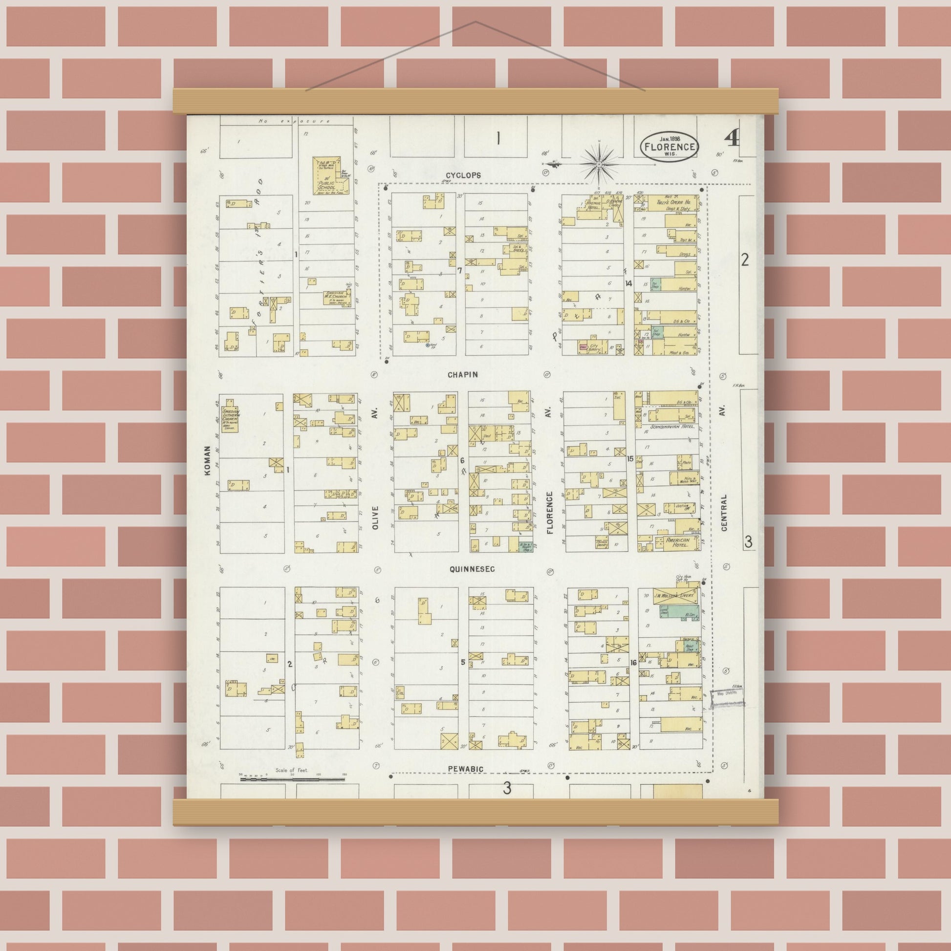 Old map wall art mockup — magnetic wood frame on brick wall — Sanborn Fire Insurance Map from Florence, Florence County, Wisconsin (1898), Sheet #0004