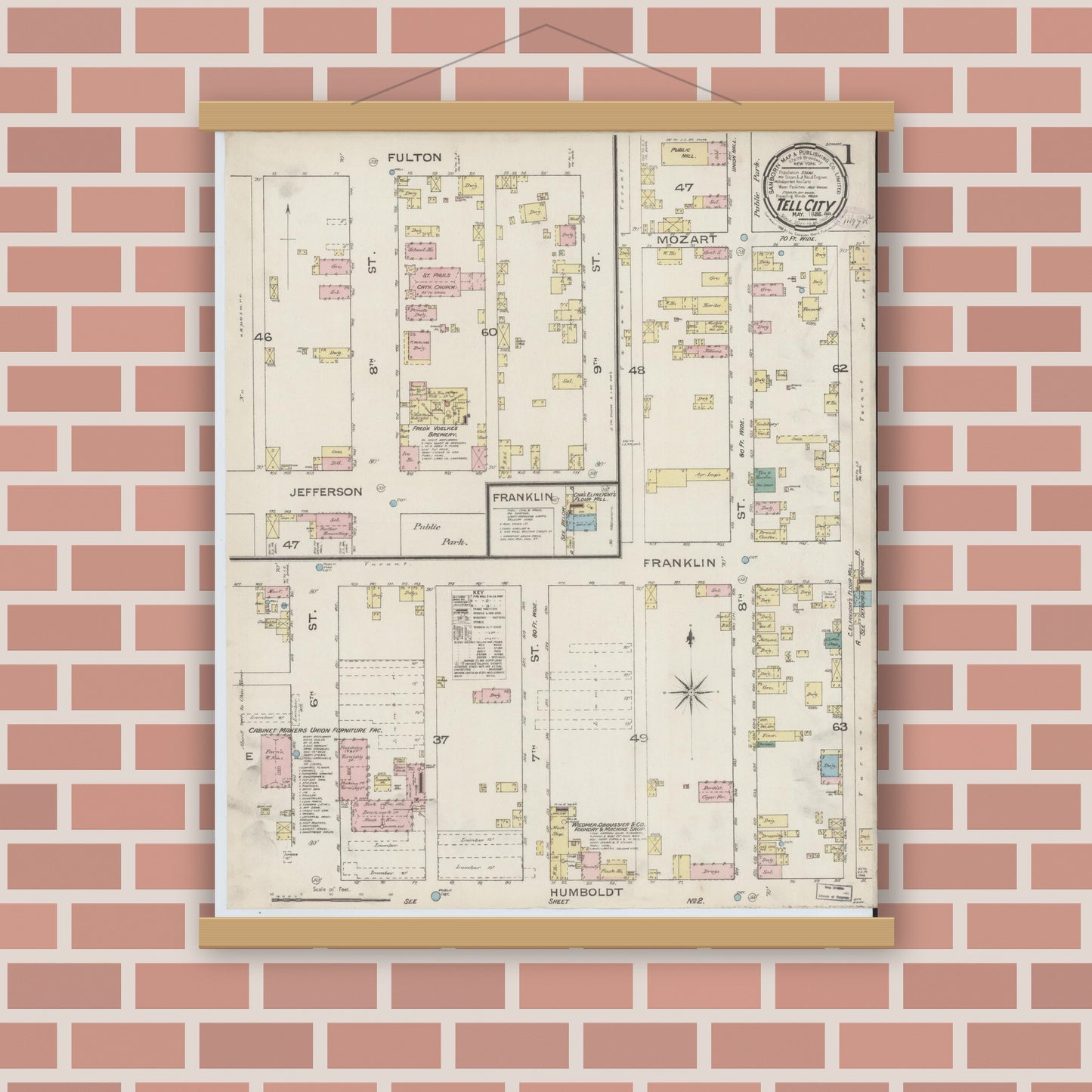 Old map wall art mockup — magnetic wood frame on brick wall — Sanborn Fire Insurance Map from Tell City, Perry County, Indiana (1886) - Complete Map Set
