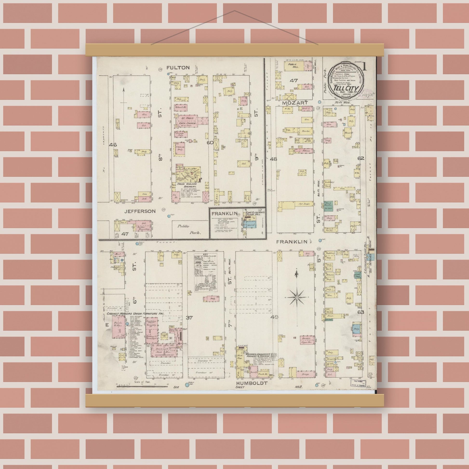 Old map wall art mockup — magnetic wood frame on brick wall — Sanborn Fire Insurance Map from Tell City, Perry County, Indiana (1886) - Complete Map Set