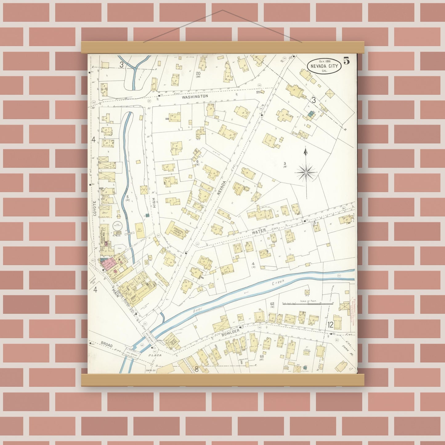 Old map wall art mockup — magnetic wood frame on brick wall — Sanborn Fire Insurance Map from Nevada City, Nevada County, California (1898), Sheet #0005