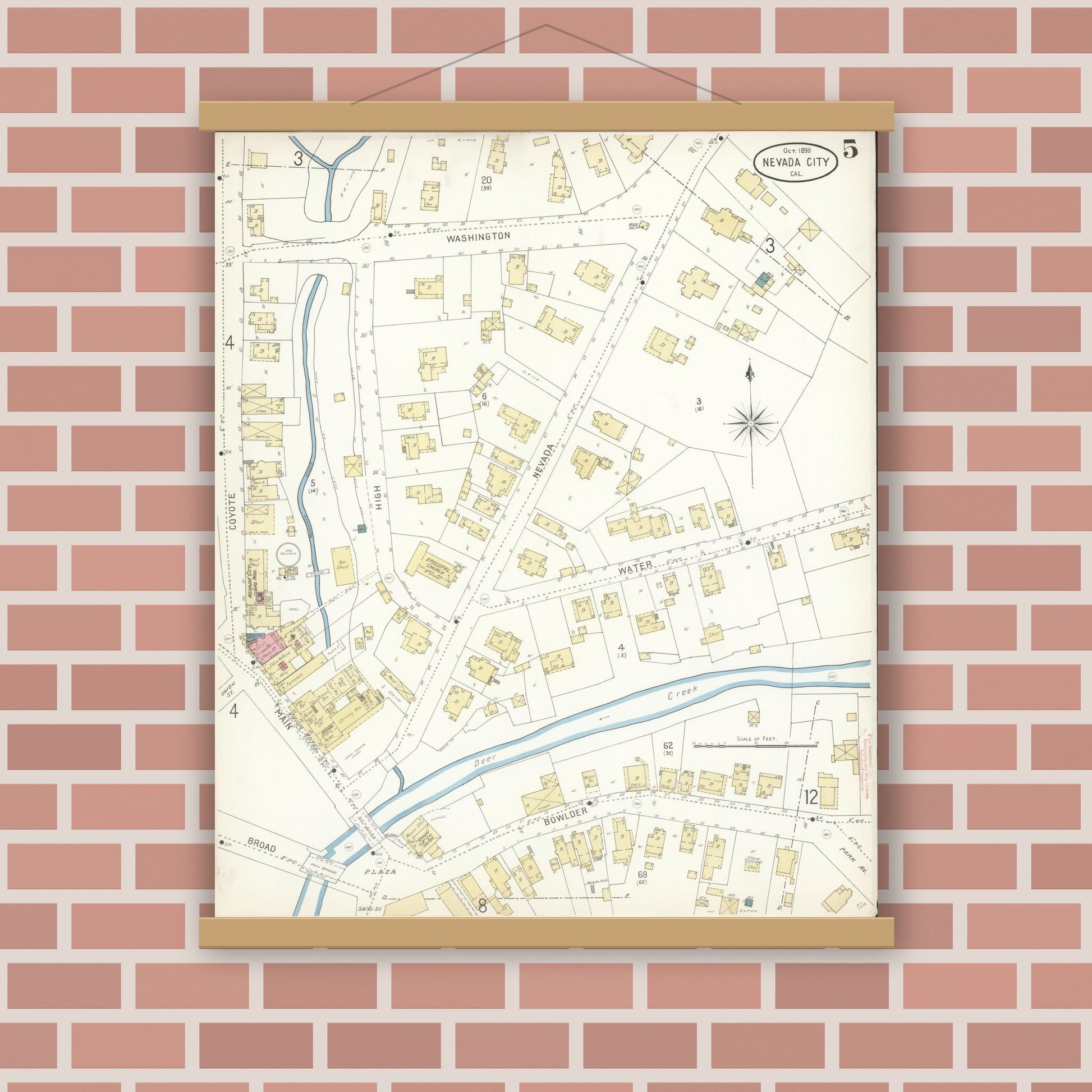Old map wall art mockup — magnetic wood frame on brick wall — Sanborn Fire Insurance Map from Nevada City, Nevada County, California (1898), Sheet #0005
