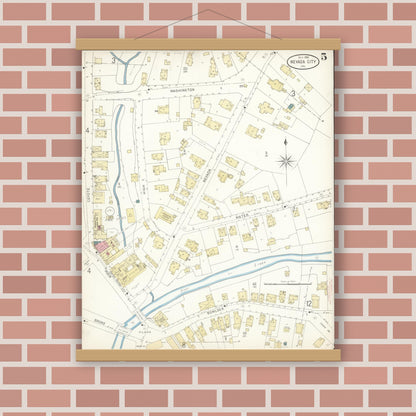 Old map wall art mockup — magnetic wood frame on brick wall — Sanborn Fire Insurance Map from Nevada City, Nevada County, California (1898), Sheet #0005