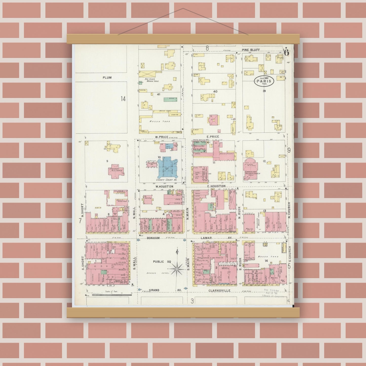 Old map wall art mockup — magnetic wood frame on brick wall — Sanborn Fire Insurance Map from Paris, Lamar County, Texas (1897), Sheet #0006