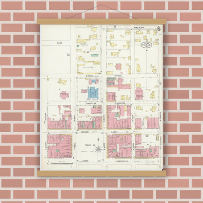 Old map wall art mockup — magnetic wood frame on brick wall — Sanborn Fire Insurance Map from Paris, Lamar County, Texas (1897), Sheet #0006