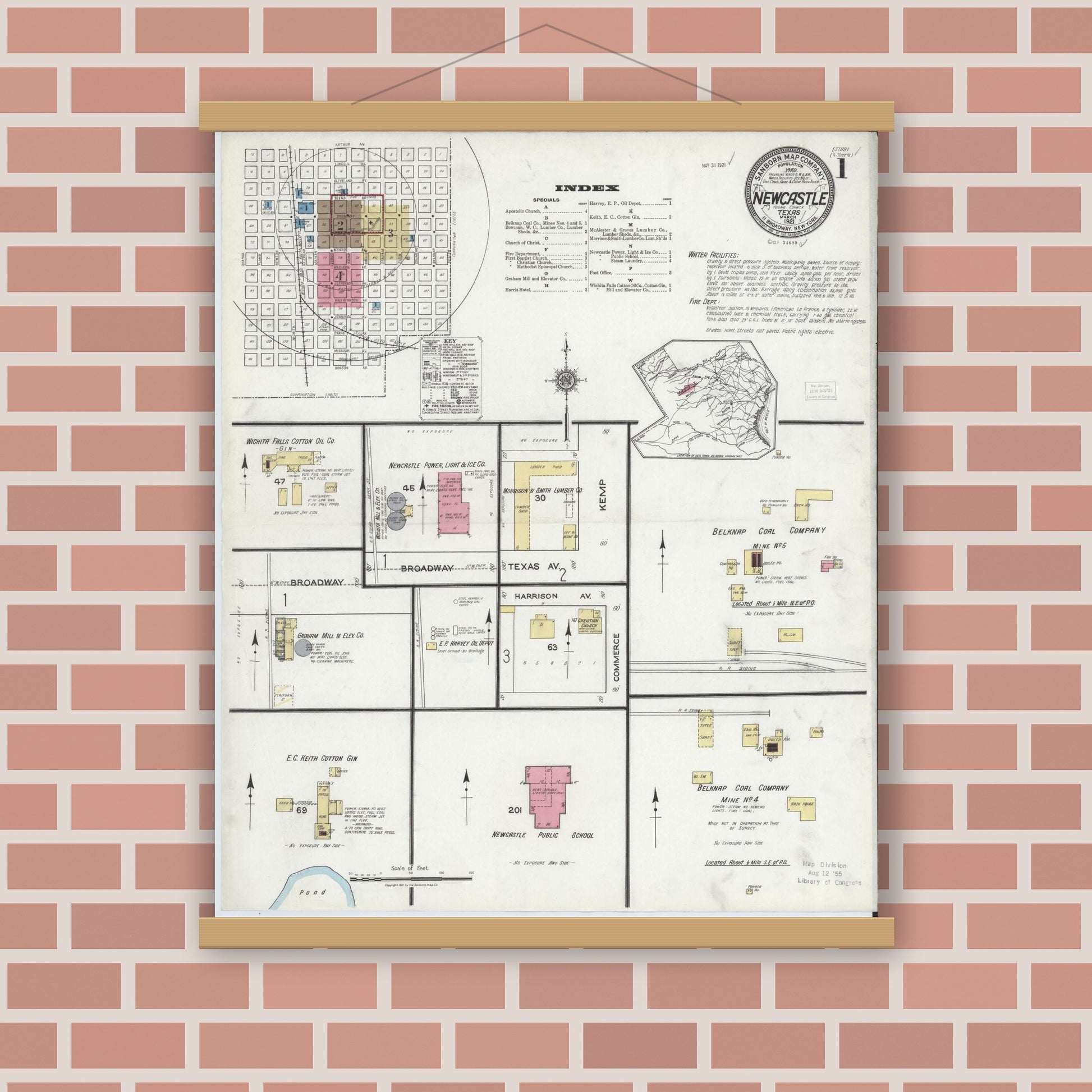 Old map wall art mockup — magnetic wood frame on brick wall — Sanborn Fire Insurance Map from Newcastle, Young County, Texas (1921) - Complete Map Set