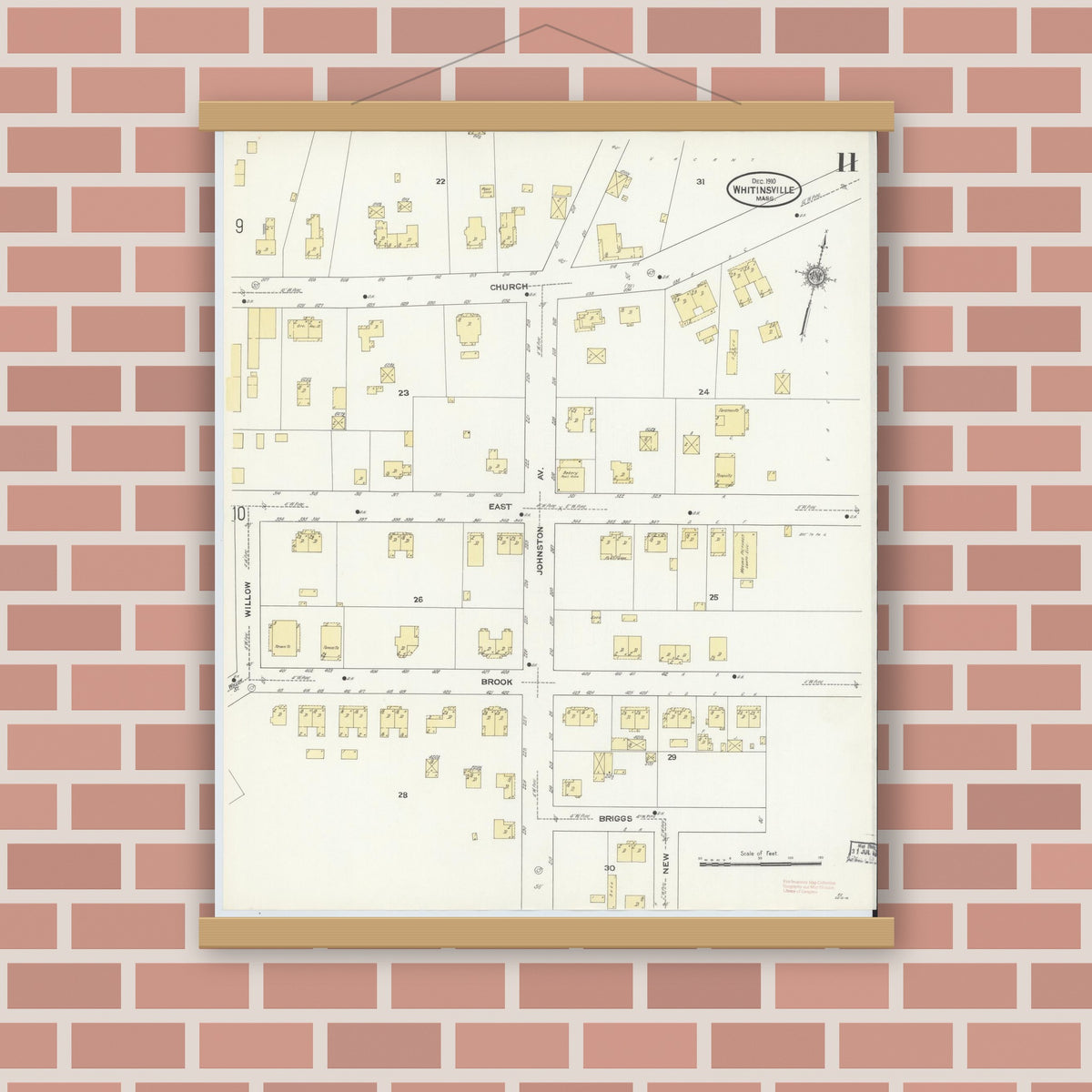 Old map wall art mockup — magnetic wood frame on brick wall — Sanborn Fire Insurance Map from Whitinsville, Worcester County, Massachusetts (1910), Sheet #0011