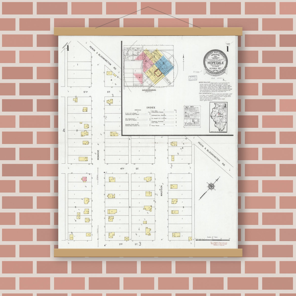 Old map wall art mockup — magnetic wood frame on brick wall — Sanborn Fire Insurance Map from Hopedale, Tazewell County, Illinois (1927), Sheet #0001
