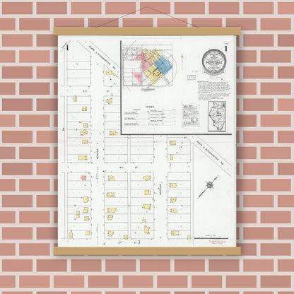 Old map wall art mockup — magnetic wood frame on brick wall — Sanborn Fire Insurance Map from Hopedale, Tazewell County, Illinois (1927), Sheet #0001