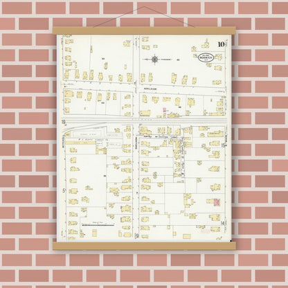 Old map wall art mockup — magnetic wood frame on brick wall — Sanborn Fire Insurance Map from Norwich, Chenango County, New York (1910), Sheet #0010