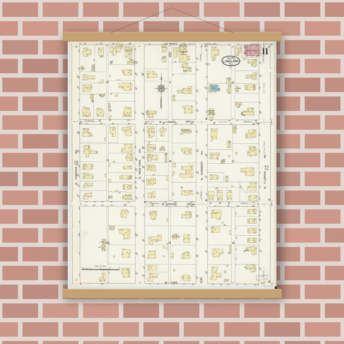 Old map wall art mockup — magnetic wood frame on brick wall — Sanborn Fire Insurance Map from Lakeland, Polk County, Florida (1913), Sheet #0011