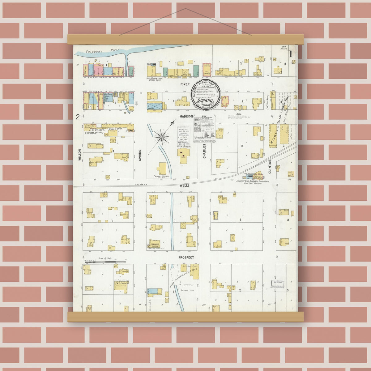 Old map wall art mockup — magnetic wood frame on brick wall — Sanborn Fire Insurance Map from Durand, Pepin County, Wisconsin (1900) - Complete Map Set