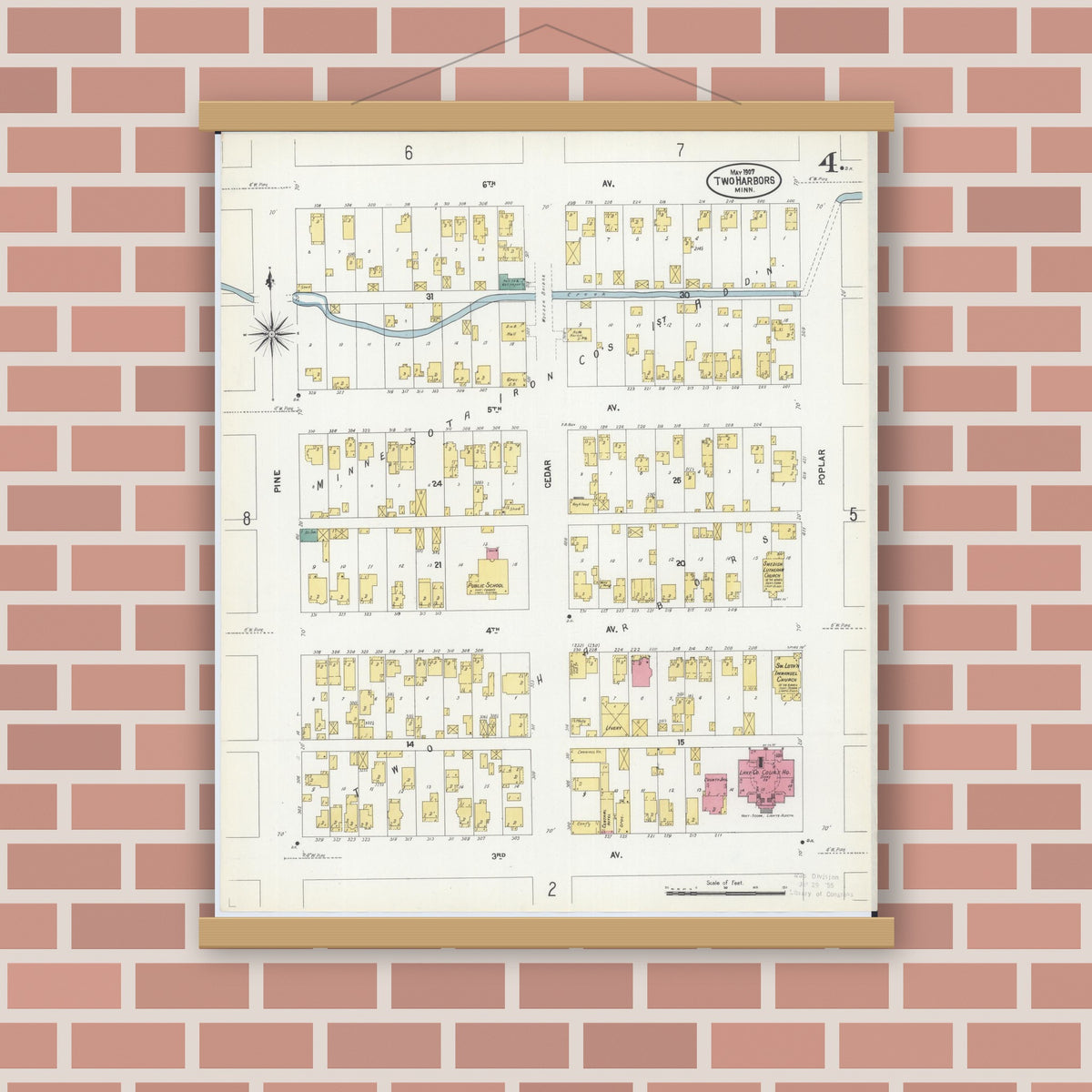 Old map wall art mockup — magnetic wood frame on brick wall — Sanborn Fire Insurance Map from Two Harbors, Lake County, Minnesota (1907), Sheet #0004