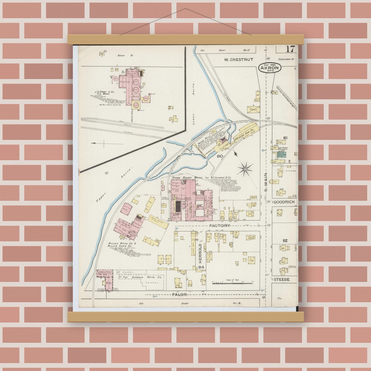 Old map wall art mockup — magnetic wood frame on brick wall — Sanborn Fire Insurance Map from Akron, Summit County, Ohio (1886), Sheet #0017