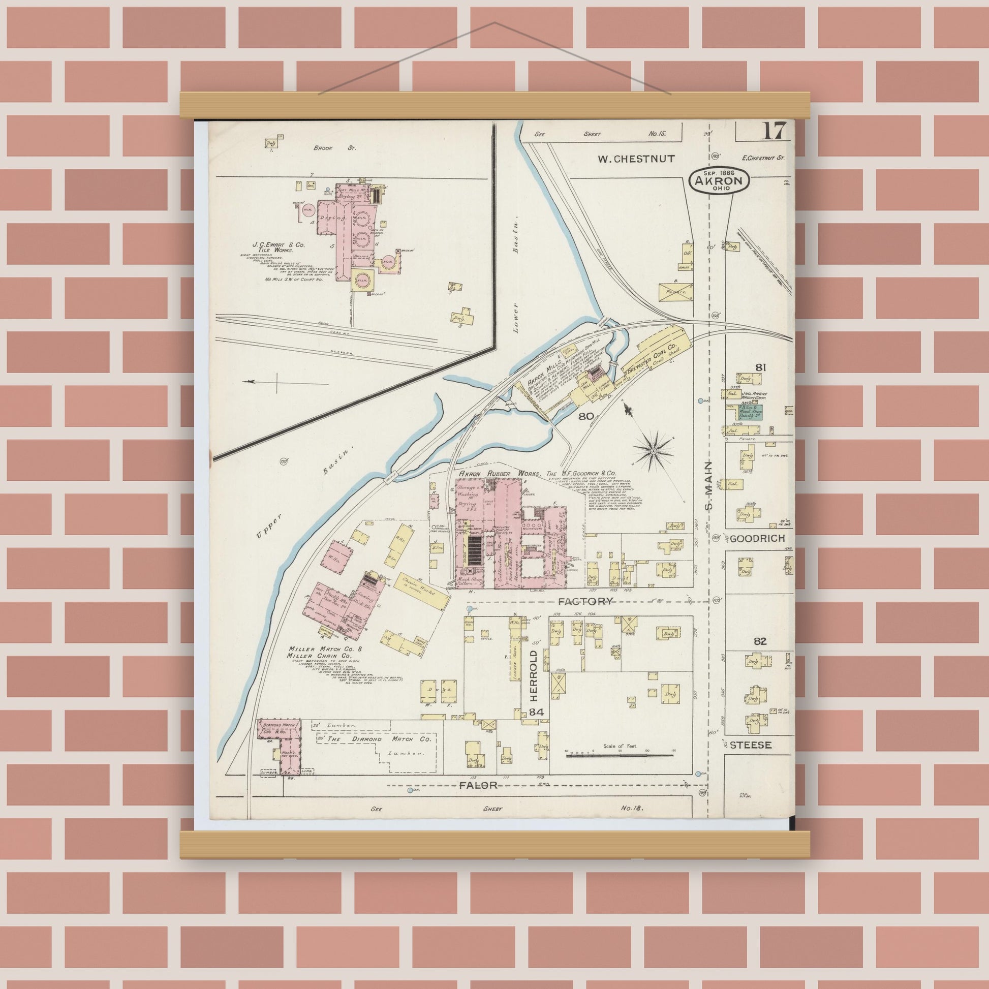 Old map wall art mockup — magnetic wood frame on brick wall — Sanborn Fire Insurance Map from Akron, Summit County, Ohio (1886), Sheet #0017
