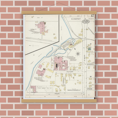 Old map wall art mockup — magnetic wood frame on brick wall — Sanborn Fire Insurance Map from Akron, Summit County, Ohio (1886), Sheet #0017