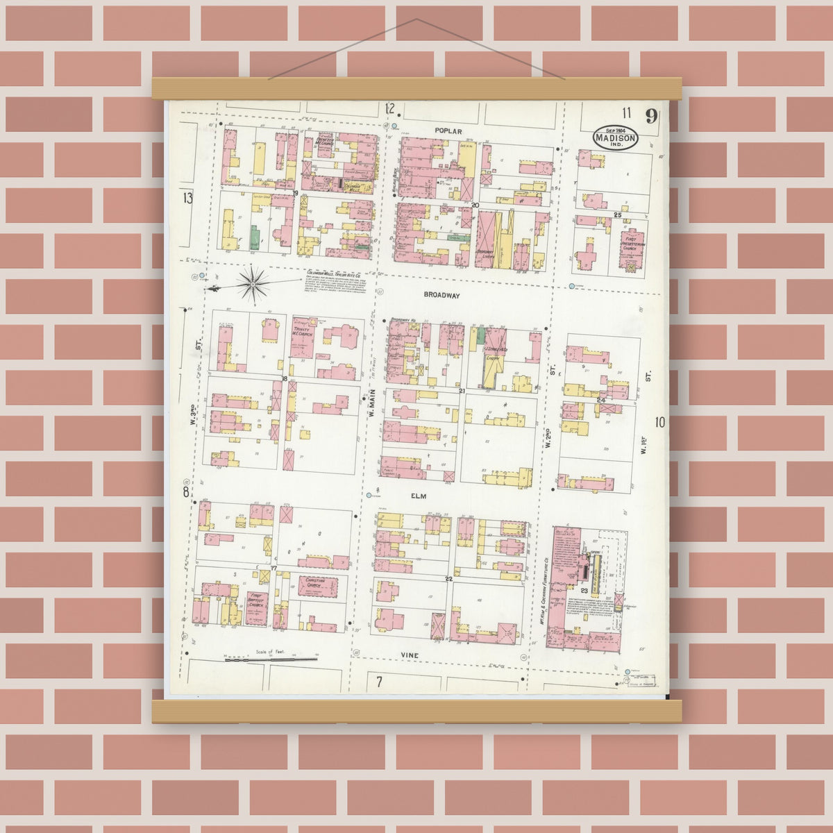 Old map wall art mockup — magnetic wood frame on brick wall — Sanborn Fire Insurance Map from Madison, Jefferson County, Indiana (1904), Sheet #0009