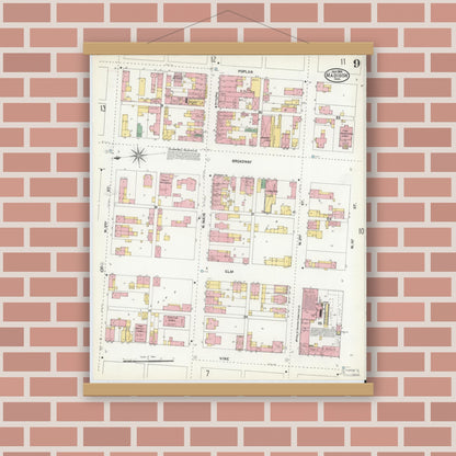 Old map wall art mockup — magnetic wood frame on brick wall — Sanborn Fire Insurance Map from Madison, Jefferson County, Indiana (1904), Sheet #0009