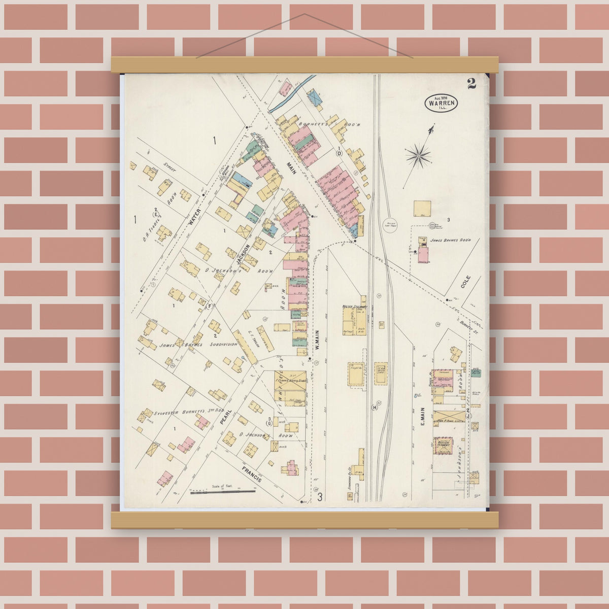 Old map wall art mockup — magnetic wood frame on brick wall — Sanborn Fire Insurance Map from Warren, Jo Daviess County, Illinois (1898), Sheet #0002