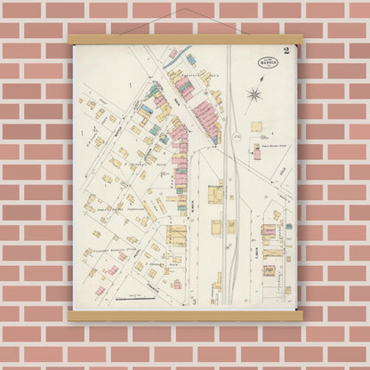 Old map wall art mockup — magnetic wood frame on brick wall — Sanborn Fire Insurance Map from Warren, Jo Daviess County, Illinois (1898), Sheet #0002