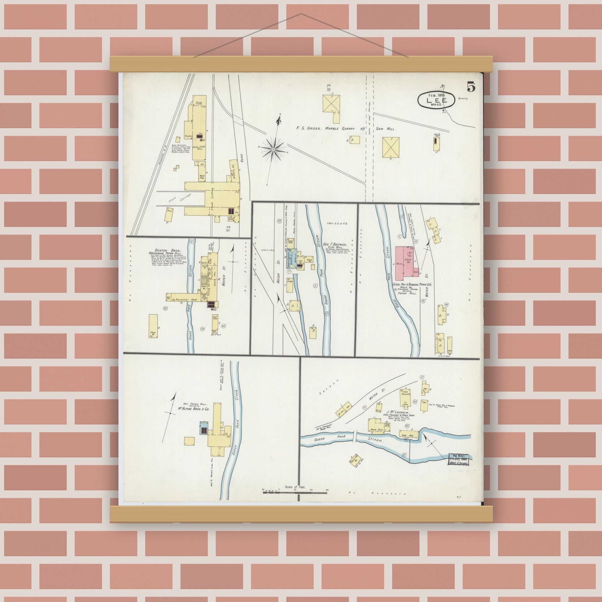 Old map wall art mockup — magnetic wood frame on brick wall — Sanborn Fire Insurance Map from Lee, Berkshire County, Massachusetts (1895), Sheet #0005