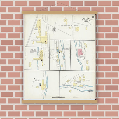 Old map wall art mockup — magnetic wood frame on brick wall — Sanborn Fire Insurance Map from Lee, Berkshire County, Massachusetts (1895), Sheet #0005