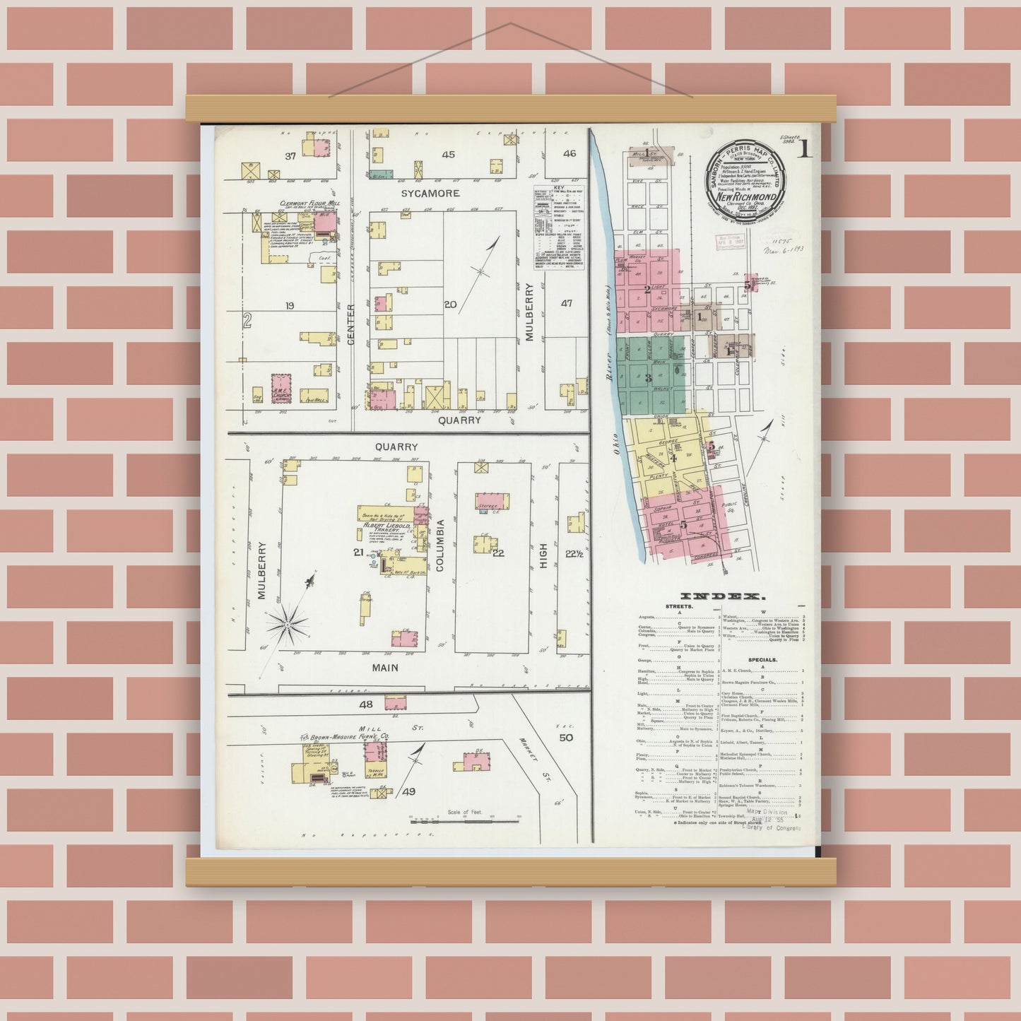 Old map wall art mockup — magnetic wood frame on brick wall — Sanborn Fire Insurance Map from New Richmond, Clermont County, Ohio (1892) - Complete Map Set