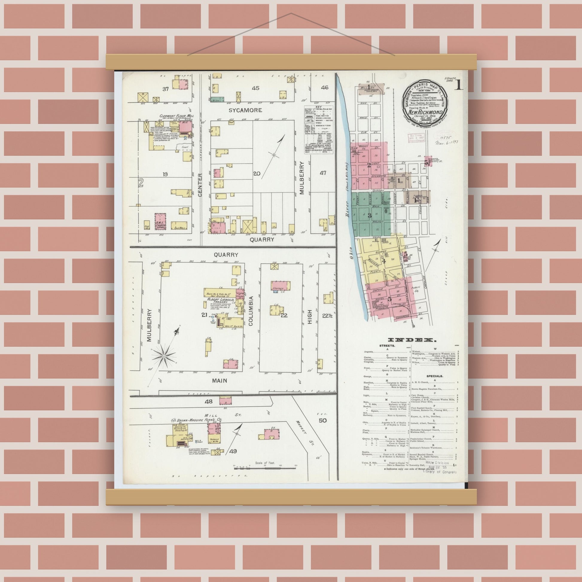 Old map wall art mockup — magnetic wood frame on brick wall — Sanborn Fire Insurance Map from New Richmond, Clermont County, Ohio (1892) - Complete Map Set