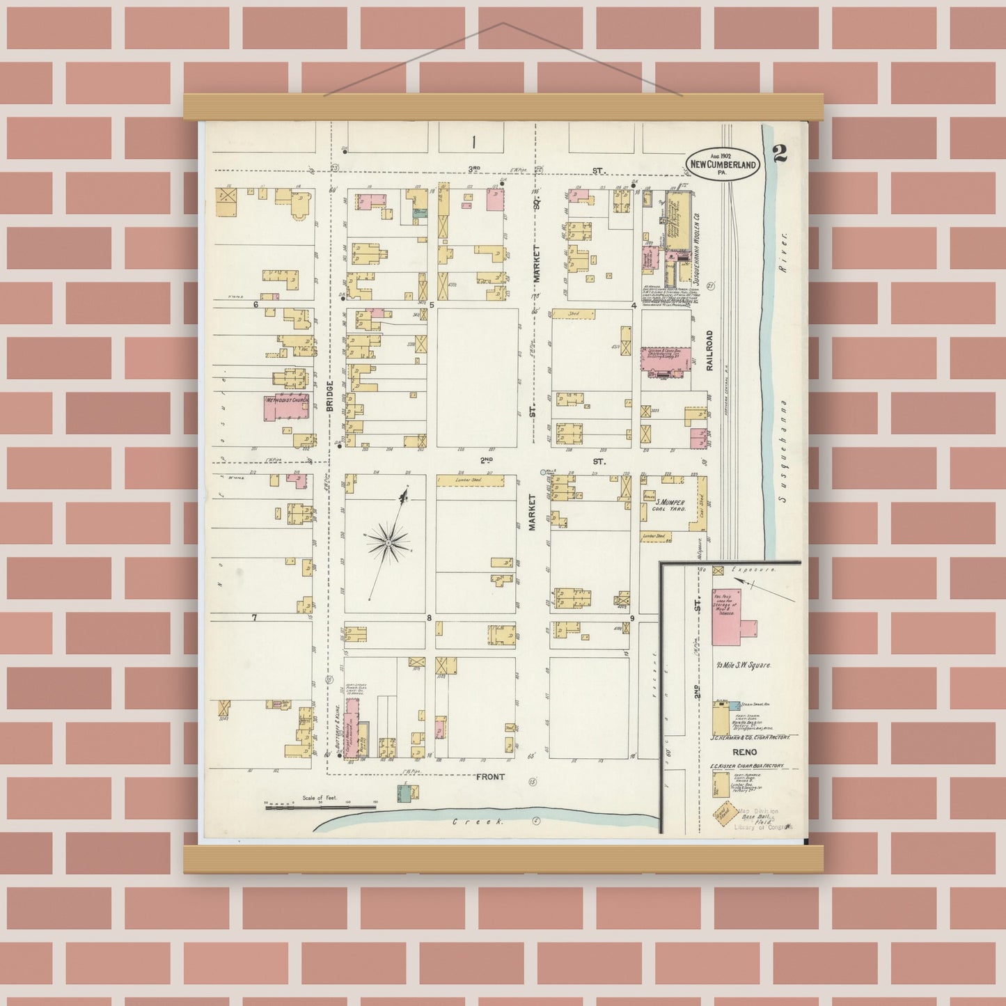 Old map wall art mockup — magnetic wood frame on brick wall — Sanborn Fire Insurance Map from New Cumberland, Cumberland County, Pennsylvania (1902), Sheet #0002