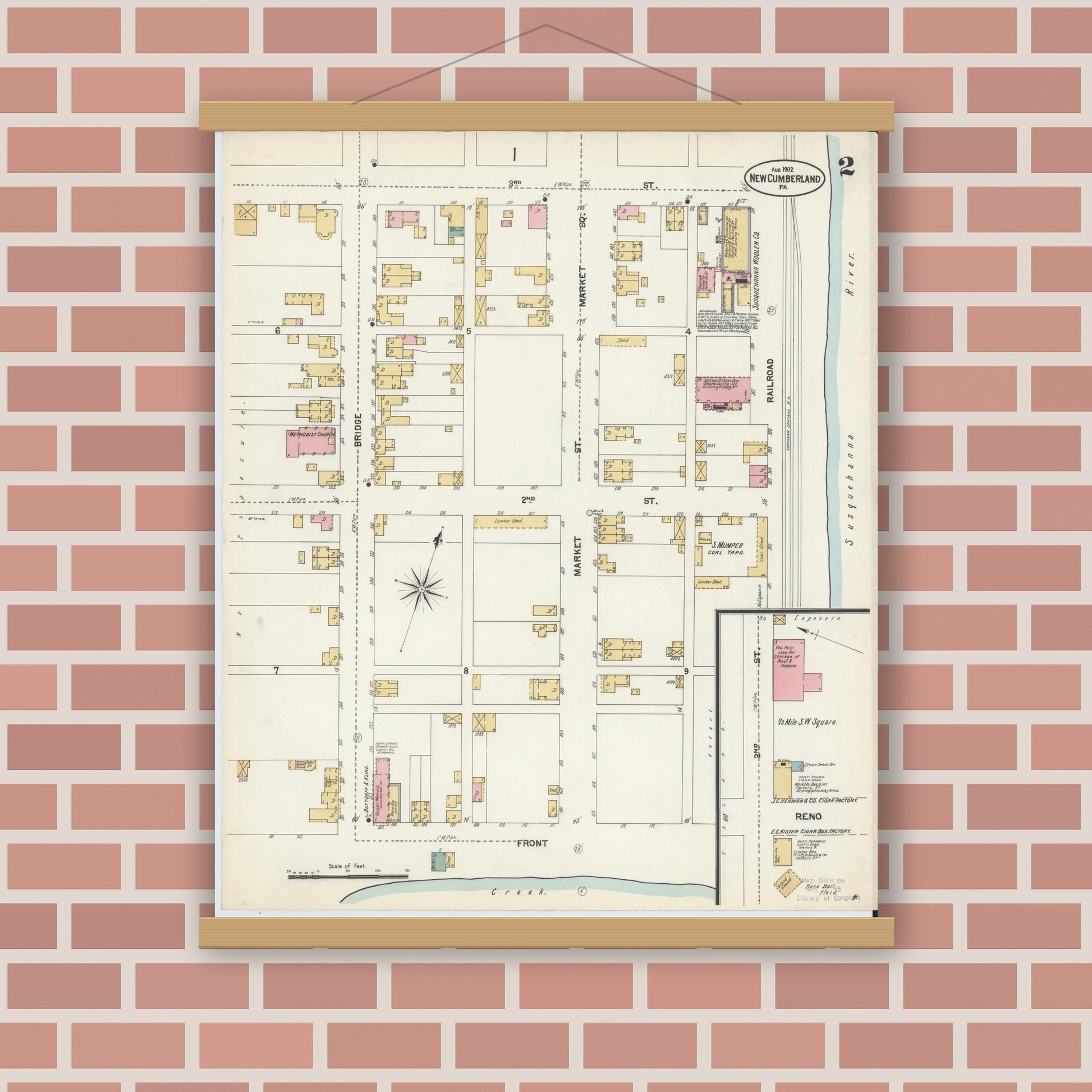 Old map wall art mockup — magnetic wood frame on brick wall — Sanborn Fire Insurance Map from New Cumberland, Cumberland County, Pennsylvania (1902), Sheet #0002
