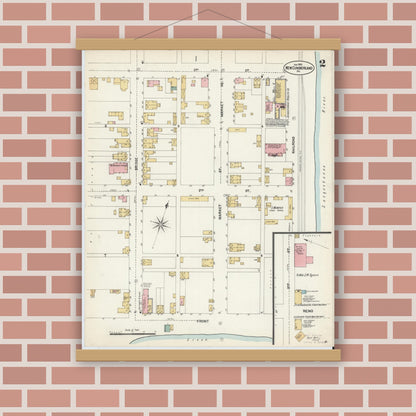 Old map wall art mockup — magnetic wood frame on brick wall — Sanborn Fire Insurance Map from New Cumberland, Cumberland County, Pennsylvania (1902), Sheet #0002