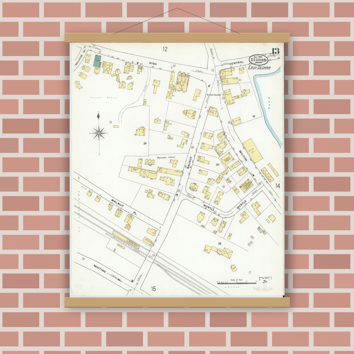 Old map wall art mockup — magnetic wood frame on brick wall — Sanborn Fire Insurance Map from Dedham, Norfolk County, Massachusetts (1909), Sheet #0013